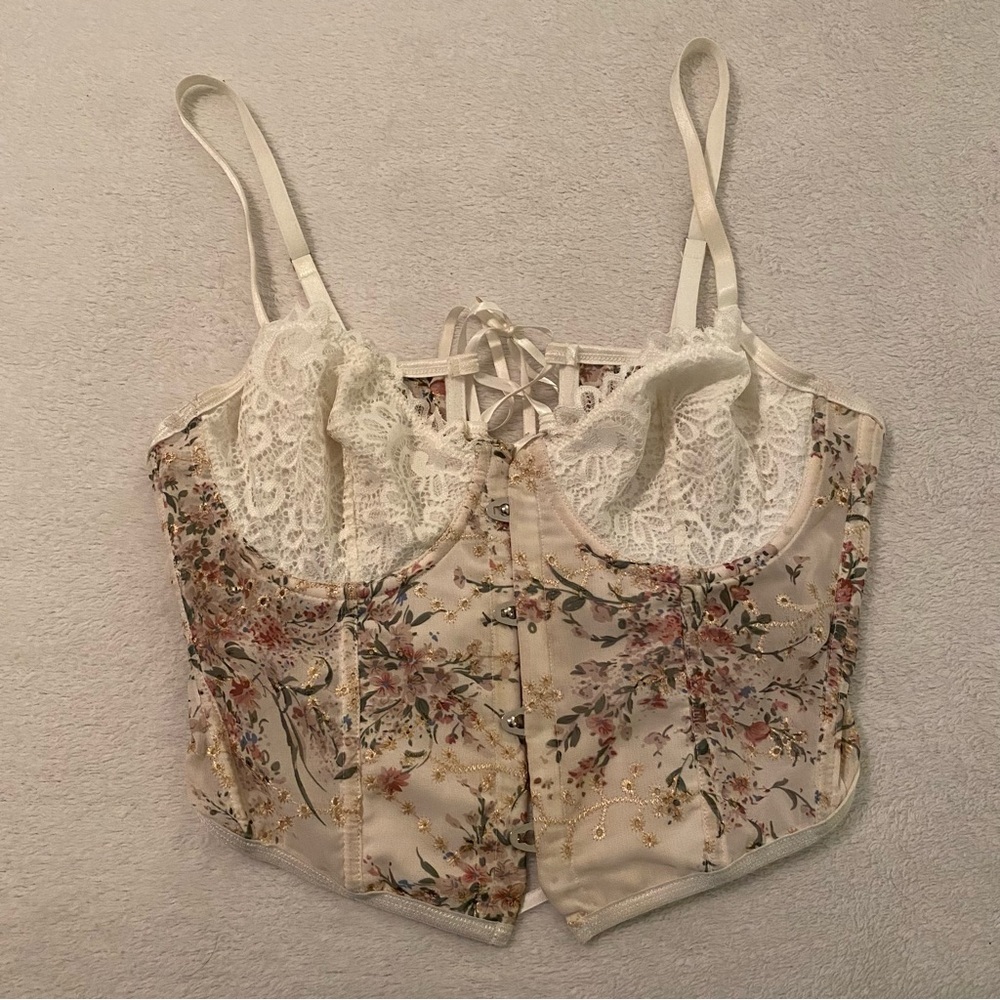 Floral Mesh Semi-Sheer Lace-up Corset Cami Top Size Medium Fairy Festival